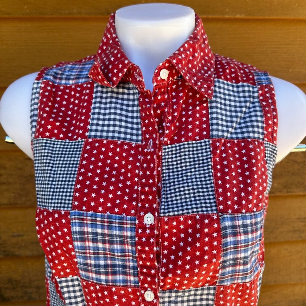Vintage Cabin Creek Red White & Blue Patchwork Button Down Tank Top Women's Shir - Picture 4 of 8